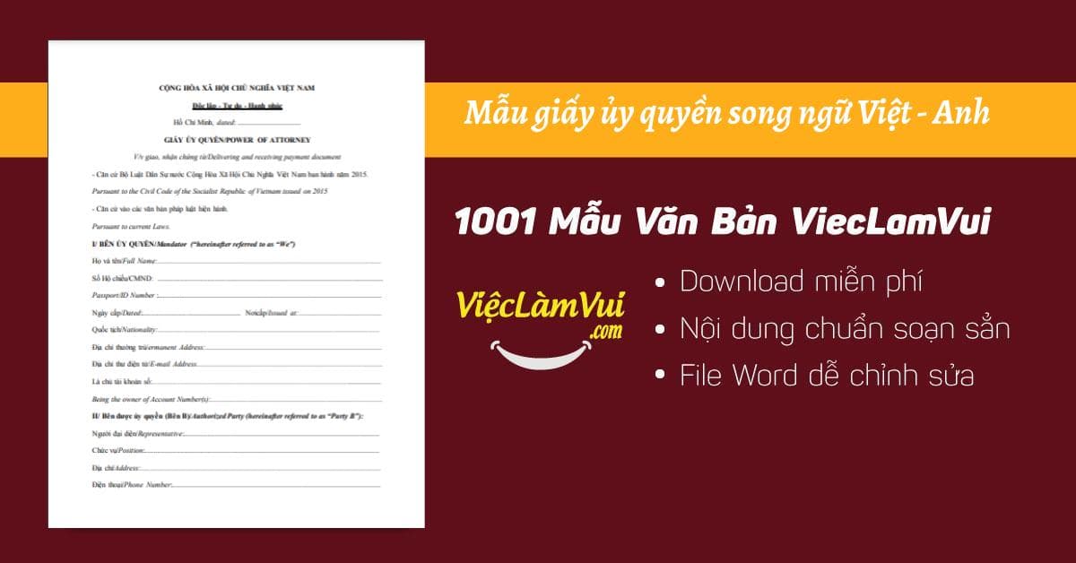 Mẫu giấy ủy quyền song ngữ Việt - Anh file Word