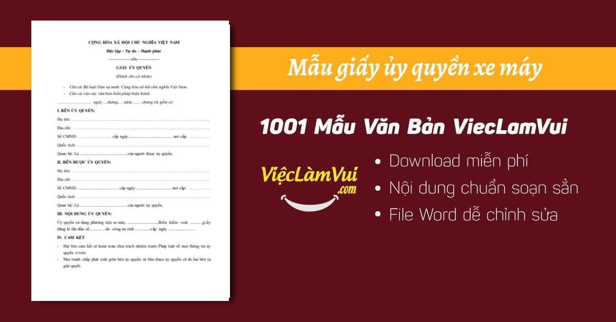Mẫu giấy ủy quyền xe máy file Word