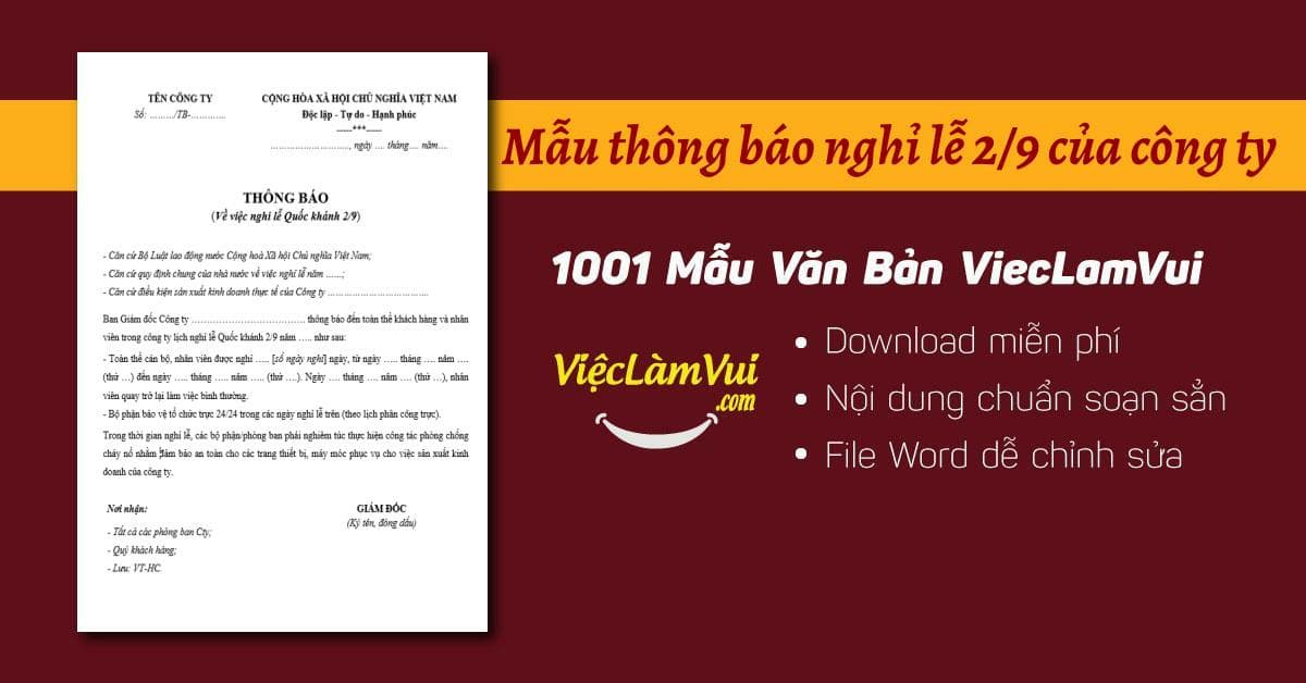 Mẫu thông báo nghỉ lễ 2/9 của công ty file Word