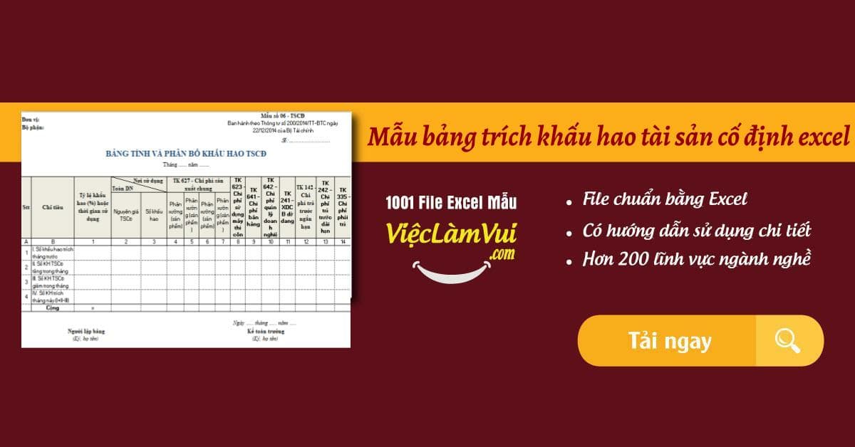 Mẫu bảng trích khấu hao tài sản cố định excel chuẩn nhất