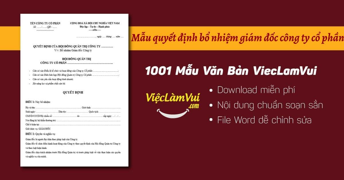 Mẫu quyết định bổ nhiệm giám đốc công ty cổ phần file Word chuẩn nhất