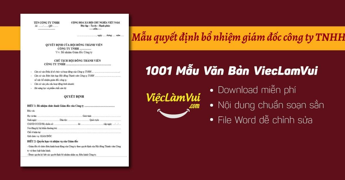 Mẫu quyết định bổ nhiệm giám đốc công ty TNHH file Word