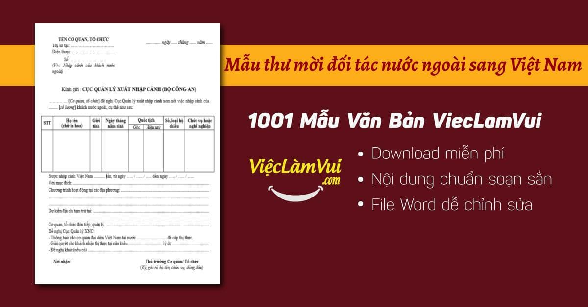 Mẫu thư mời đối tác nước ngoài sang Việt Nam file Word