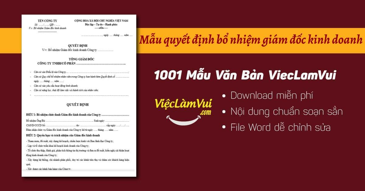 Mẫu quyết định bổ nhiệm giám đốc kinh doanh file Word