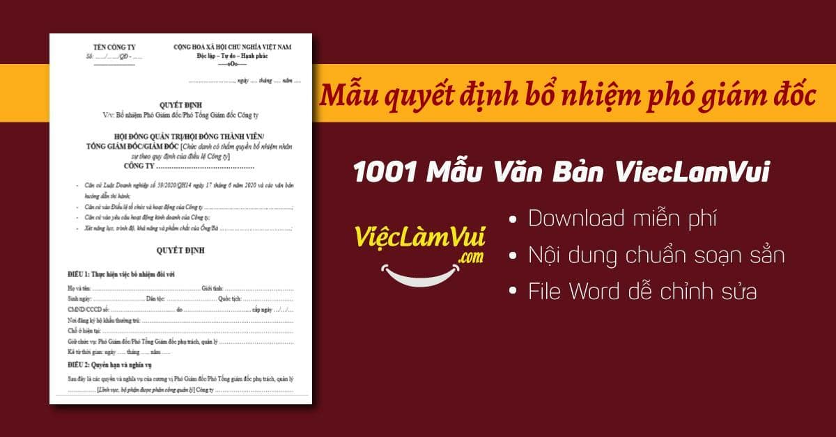 Mẫu quyết định bổ nhiệm phó giám đốc file Word