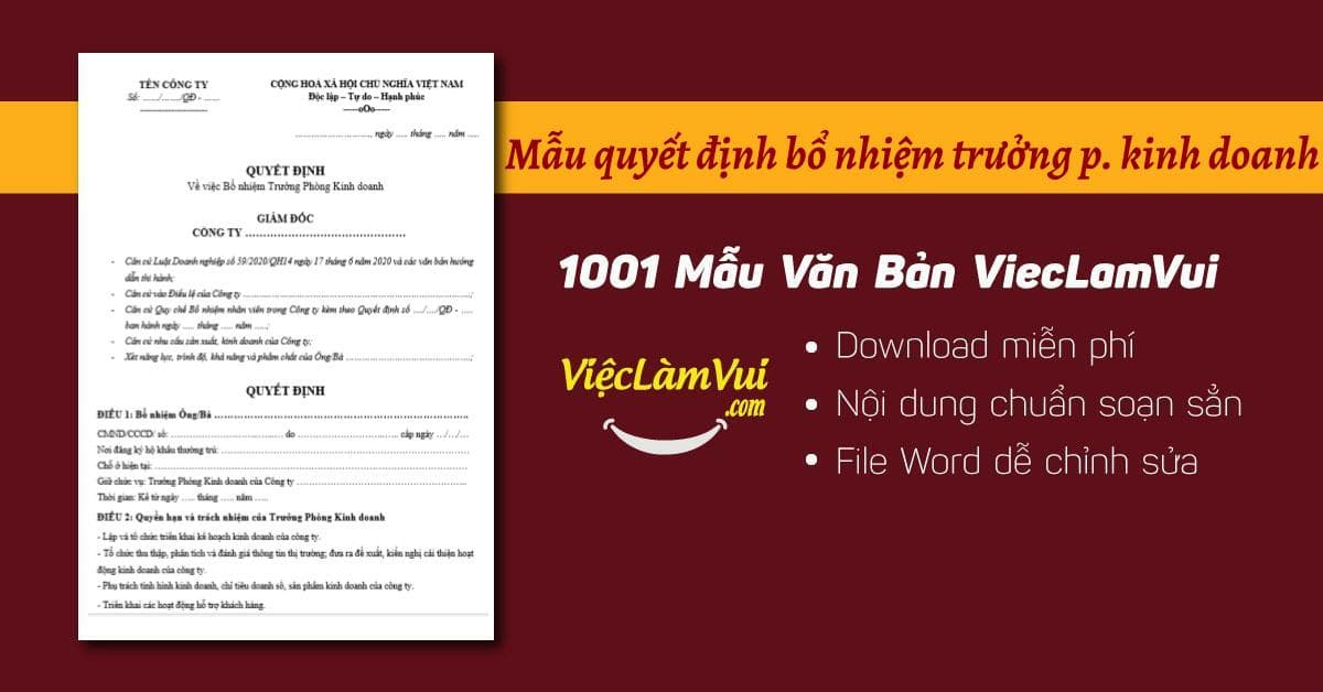 Mẫu quyết định bổ nhiệm trưởng phòng kinh doanh file Word