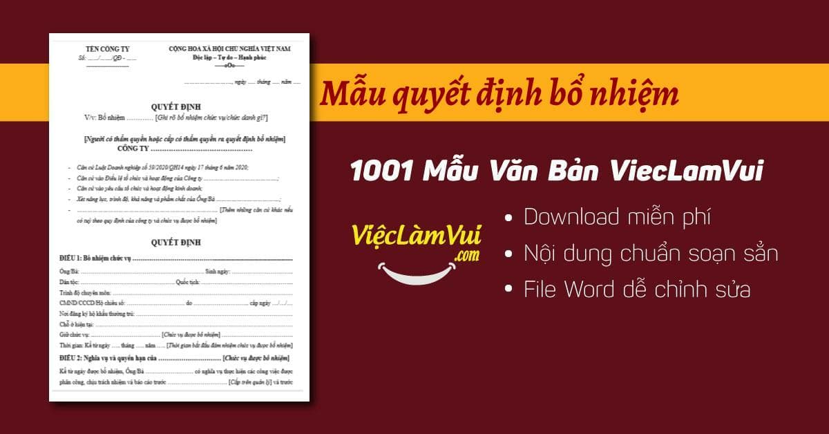 Mẫu quyết định bổ nhiệm chuẩn nhất file Word