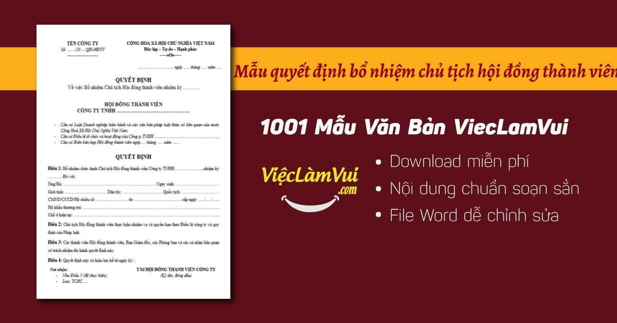 Mẫu quyết định bổ nhiệm chủ tịch hội đồng thành viên file Word