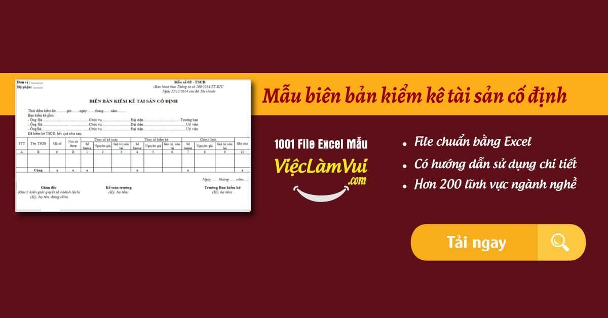 Mẫu biên bản kiểm kê tài sản cố định file Excel