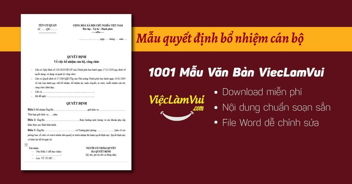 Mẫu quyết định bổ nhiệm cán bộ file Word