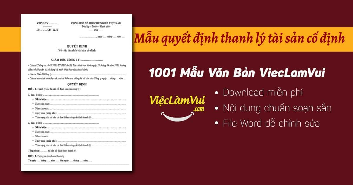 Mẫu quyết định thanh lý tài sản cố định file Word