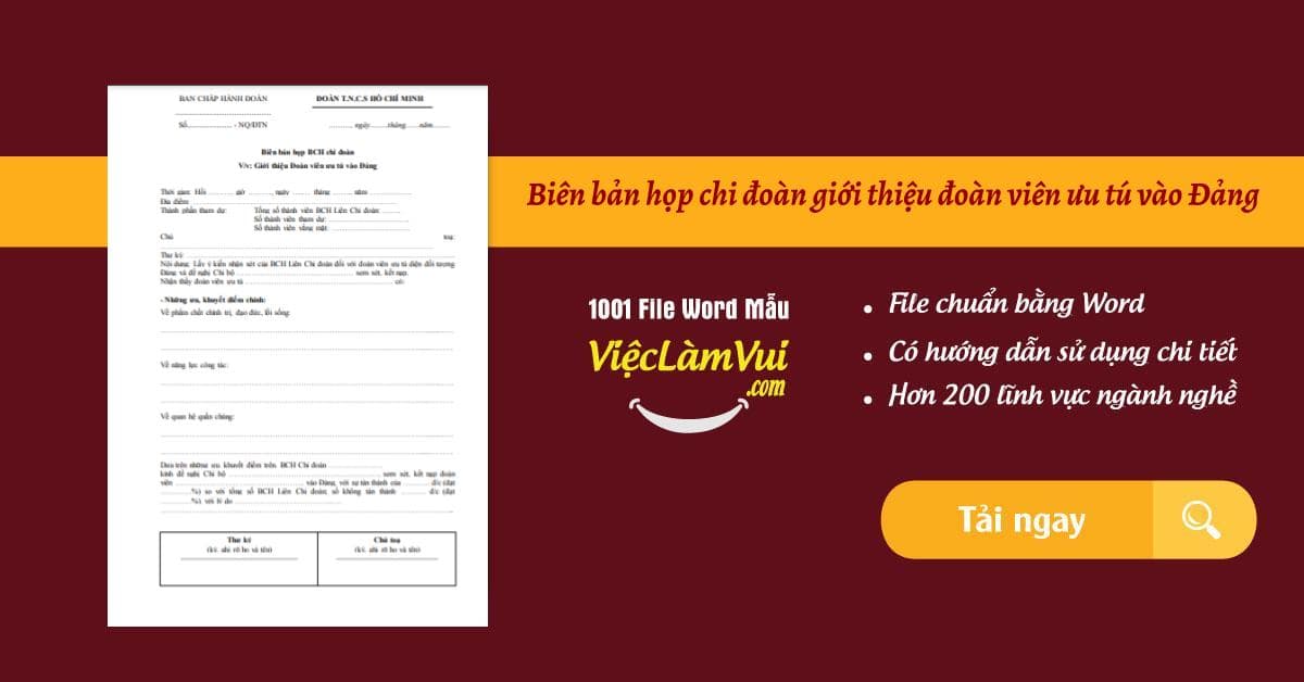 Biên bản họp chi đoàn giới thiệu đoàn viên ưu tú vào Đảng file Word