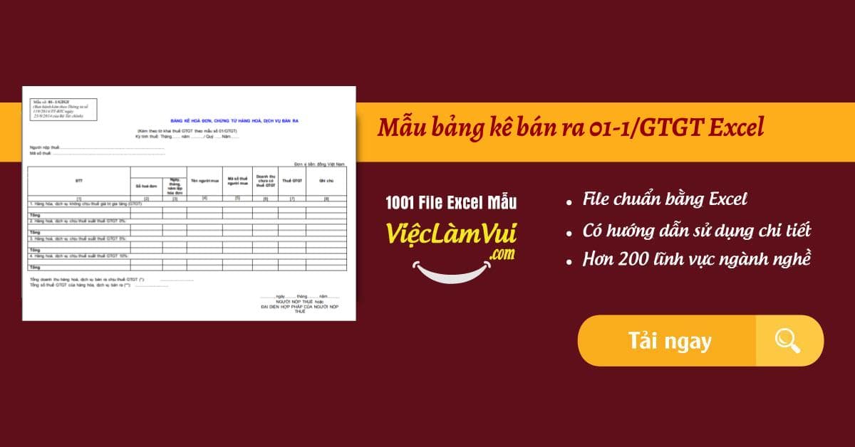 Mẫu bảng kê bán ra 01-1/GTGT Excel - bảng kê hàng hóa dịch vụ bán ra