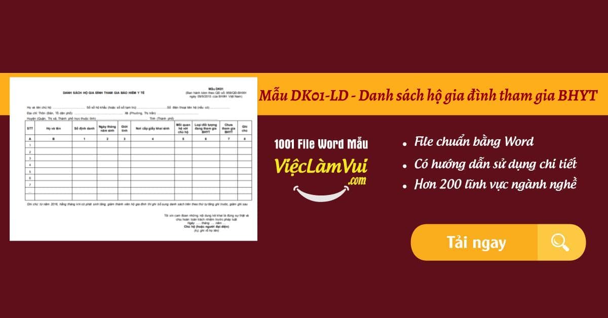 Mẫu DK01-LD - Danh sách hộ gia đình tham gia BHYT file Word