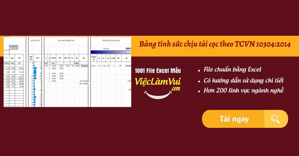 Bảng tính sức chịu tải cọc theo TCVN 10304:2014 file Excel