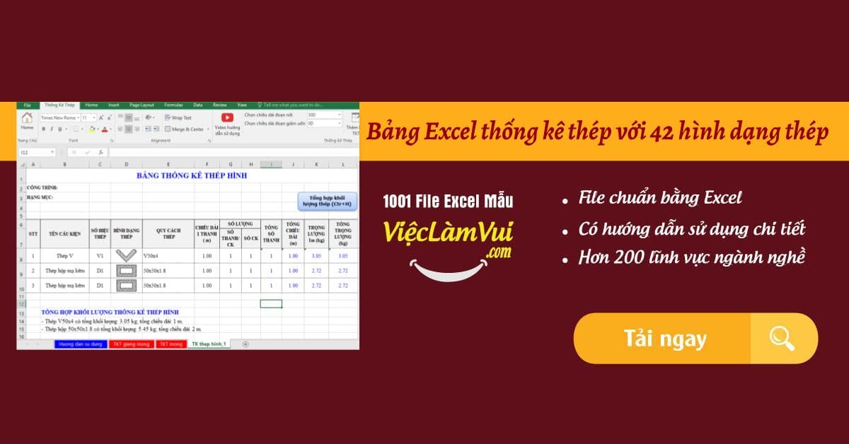 Bảng Excel thống kê thép với 42 hình dạng thép