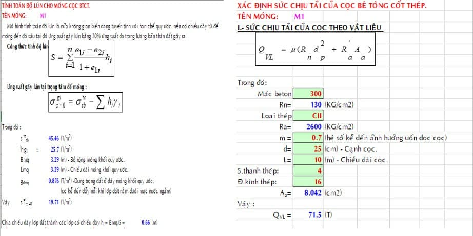 Bảng Excel tính toán móng cọc chi tiết chính xác nhất