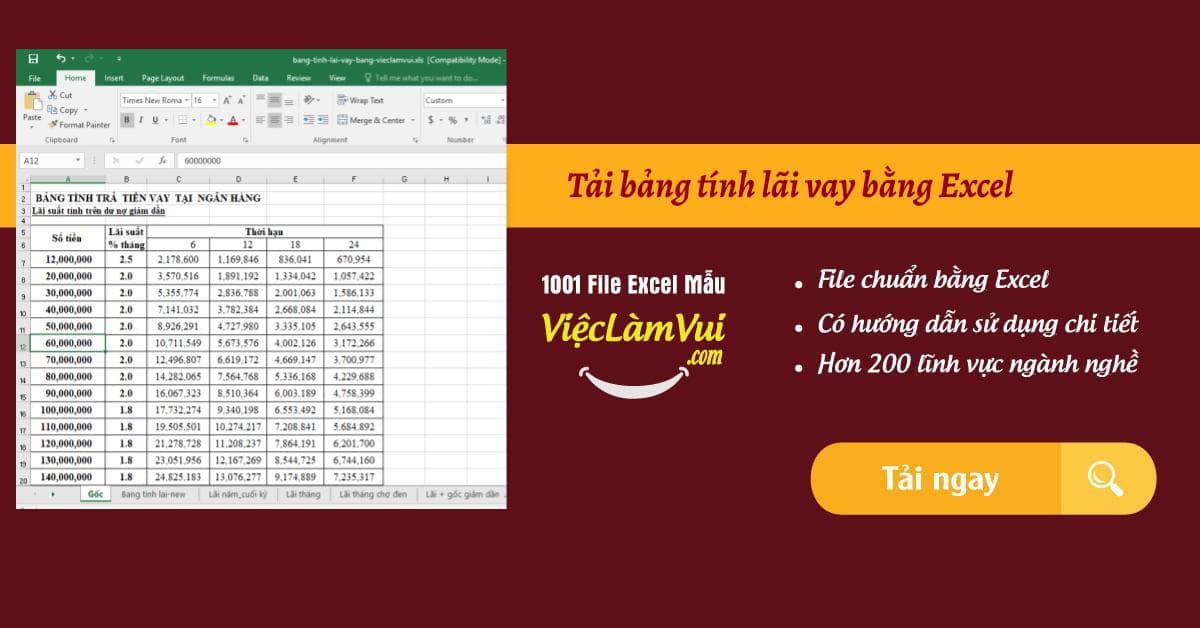 Tải bảng tính lãi vay bằng Excel