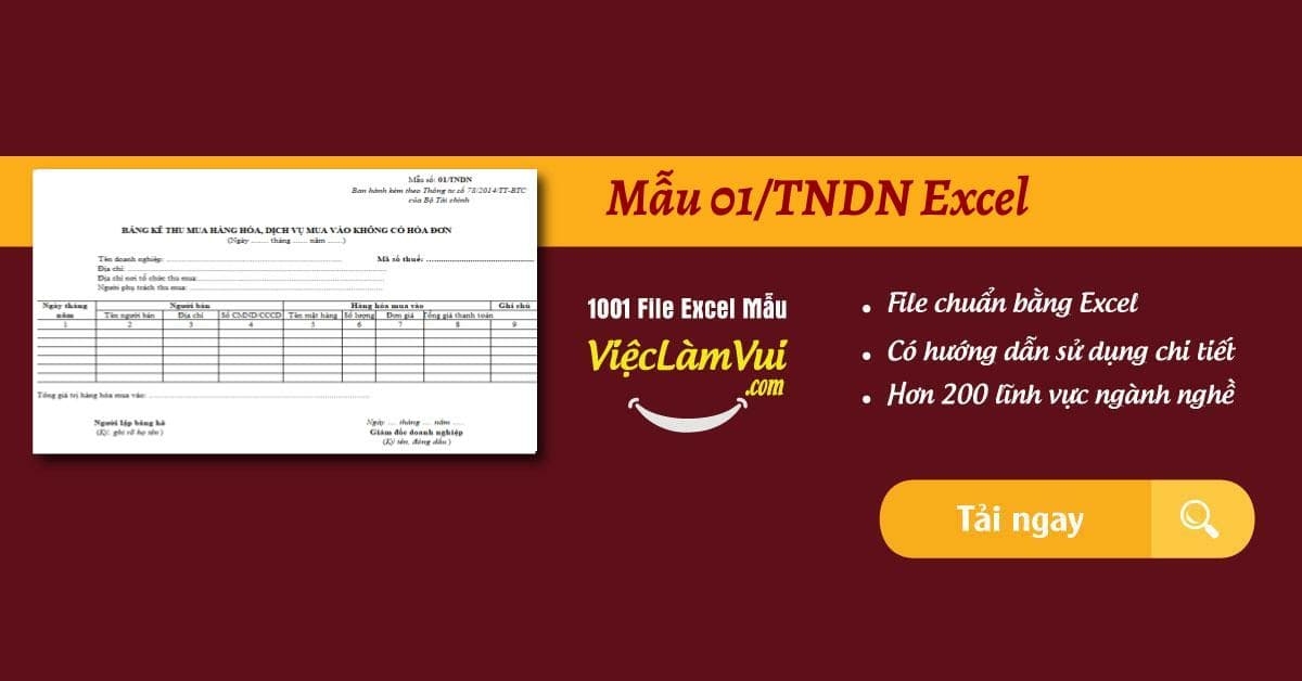 Mẫu 01/TNDN Excel mới nhất - Bảng kê thu mua hàng hoá, dịch vụ không có hoá đơn