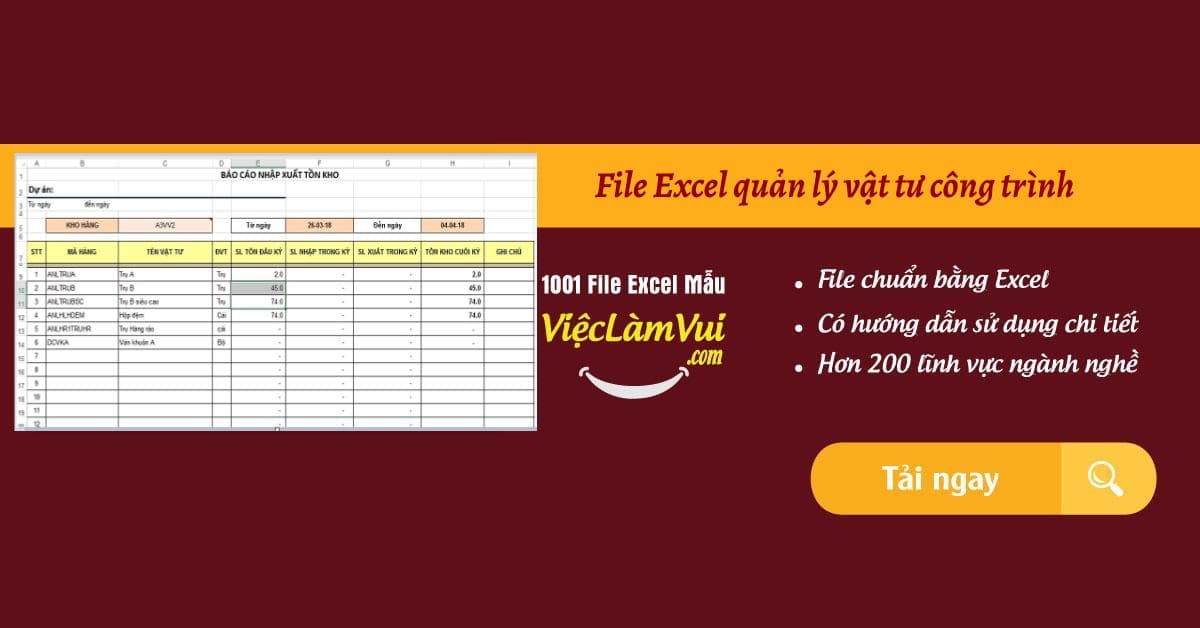 File Excel quản lý vật tư công trình