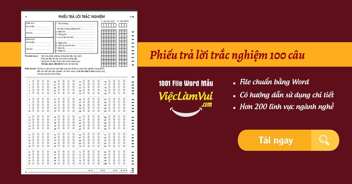 Phiếu trả lời trắc nghiệm 100 câu