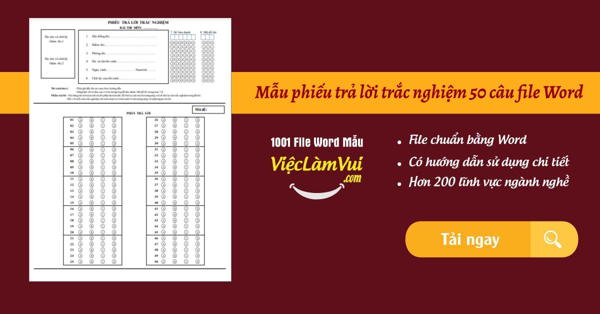Phiếu trả lời trắc nghiệm 50 câu PDF, Word