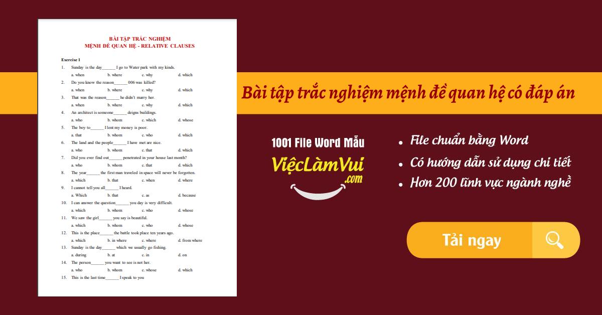 Bài tập trắc nghiệm mệnh đề quan hệ có đáp án