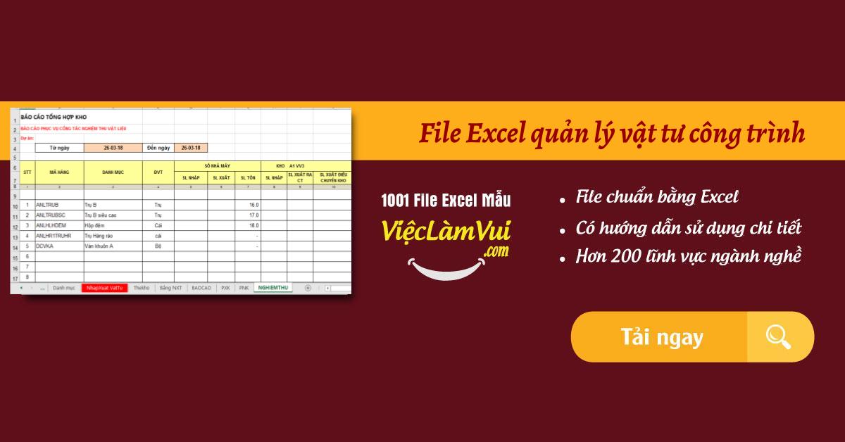 File Excel Quản Lý Vật Tư Công Trình