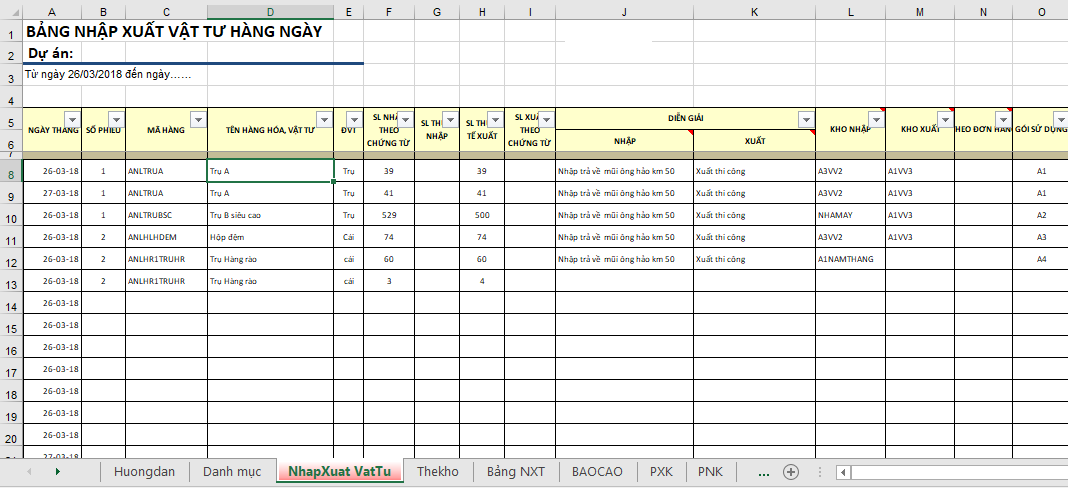 Hình ảnh tệp Excel của một bảng nhập và xuất điển hình