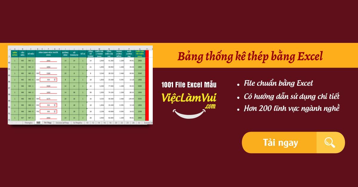 Bảng thống kê thép bằng Excel