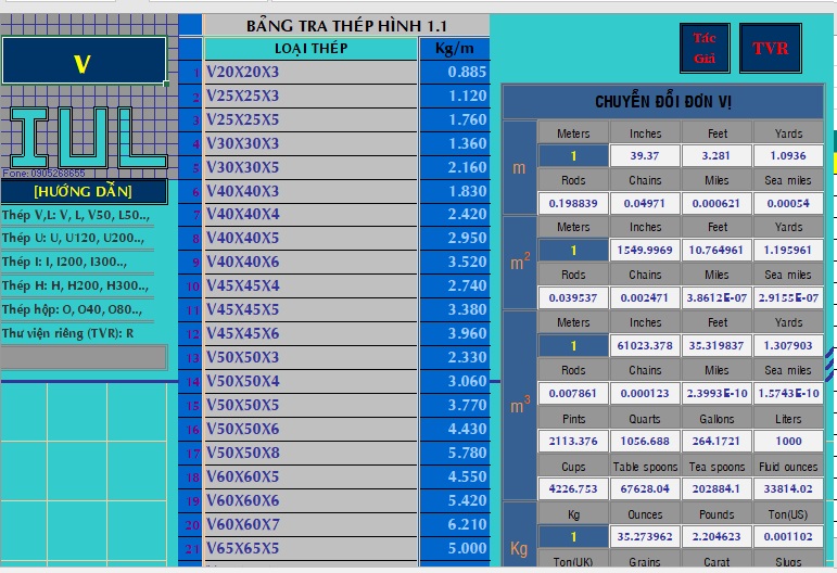 Hình ảnh bảng tra thép hình viết bằng Excel