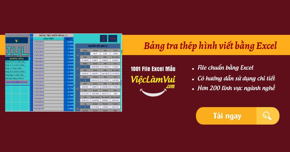 Bảng tra thép hình viết bằng Excel