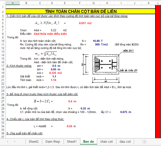 Hình ảnh file Excel tính toán chân cột bản để liền