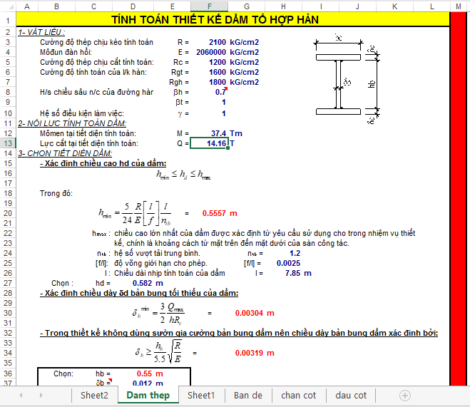 Hình ảnh file Excel tính toán kết cấu thép