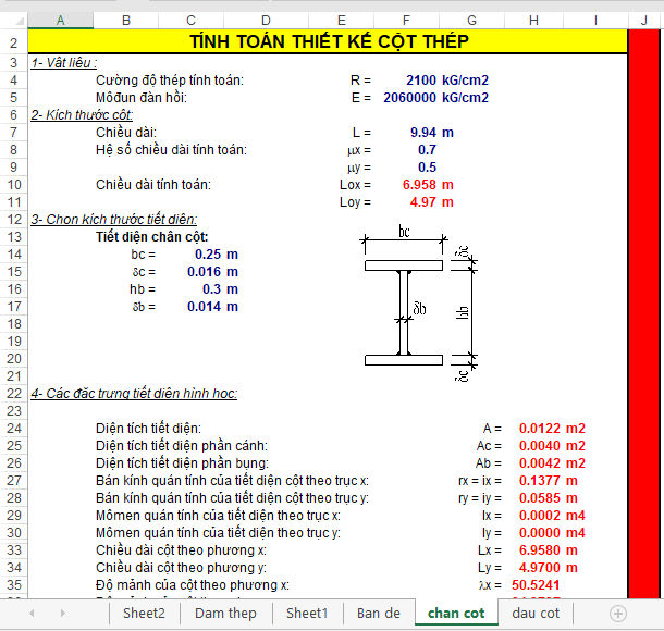 Hình ảnh file Excel tính toán thiết kế chân cột thép