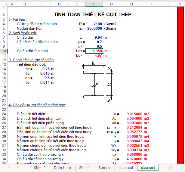 Hình ảnh file Excel tính toán thiết kế đầu cột thép