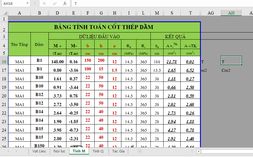 Hình ảnh Bảng tính toán cốt thép dầm