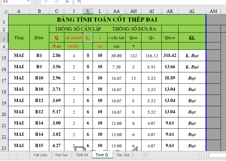 Bảng tính toán cốt thép dầm