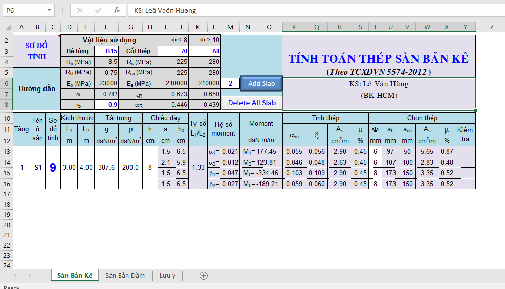 Hình ảnh bảng tính thép sàn theo TCXDVN 5574-2012