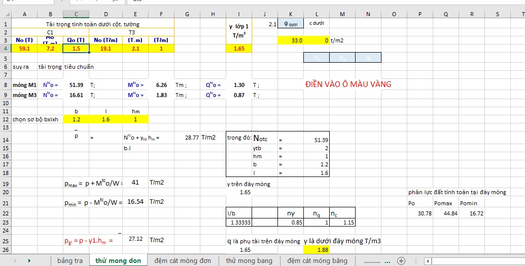 Hình ảnh bảng thử móng đơn file Excel