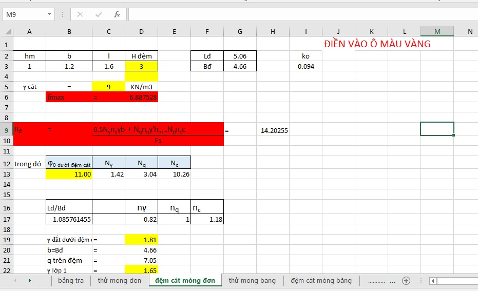 Hình ảnh bảng đệm cát móng đơn file Excel