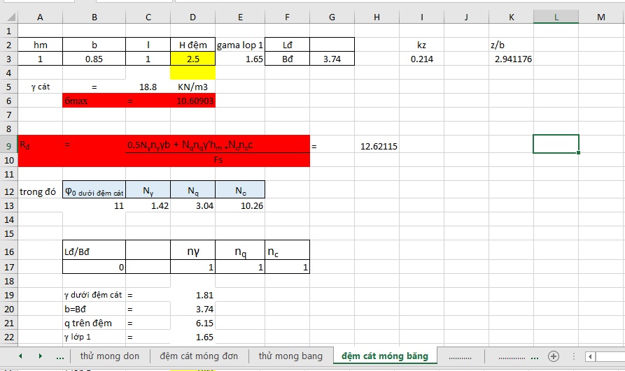 Hình ảnh bảng đệm cát móng băng file Excel