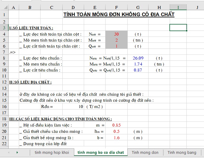 Hình ảnh Tính toán móng không có địa chất file Excel