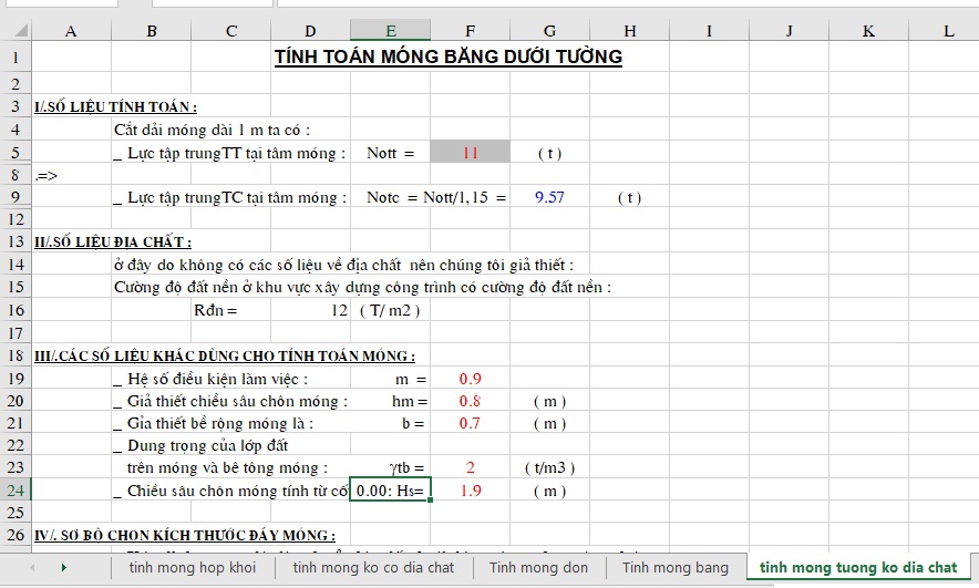 Tính toán móng băng dưới tường file Excel