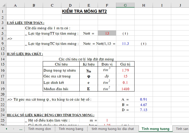 Hình ảnh kiểm tra móng MT2 file Excel