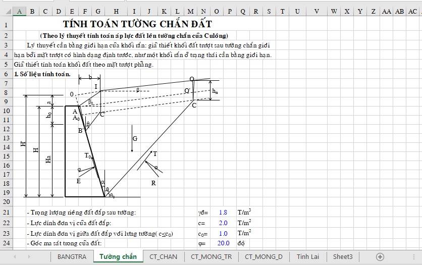 Hình ảnh bảng ính toán tường chắn đất