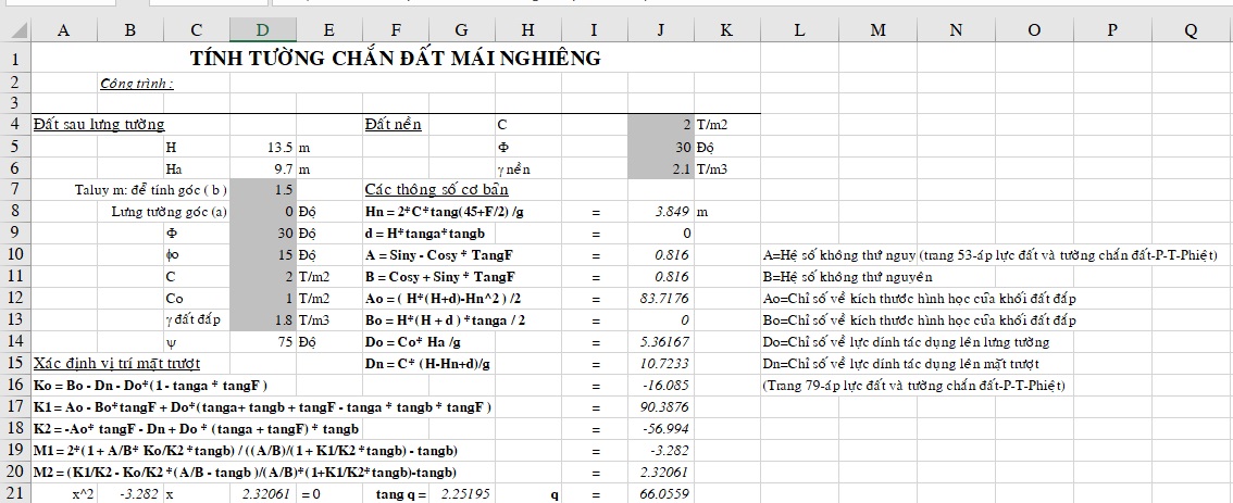 Hình ảnh bảng tính tường chắn đất mái nghiêng