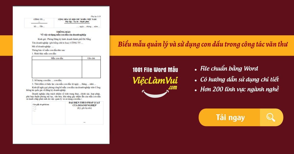 Mẫu quản lý và sử dụng con dấu trong công tác văn thư file Word