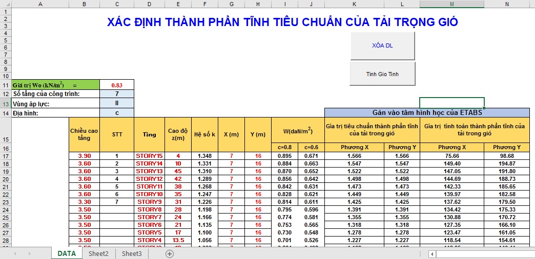 Hình ảnh chương trình Bảng tính gió tĩnh theo TCVN