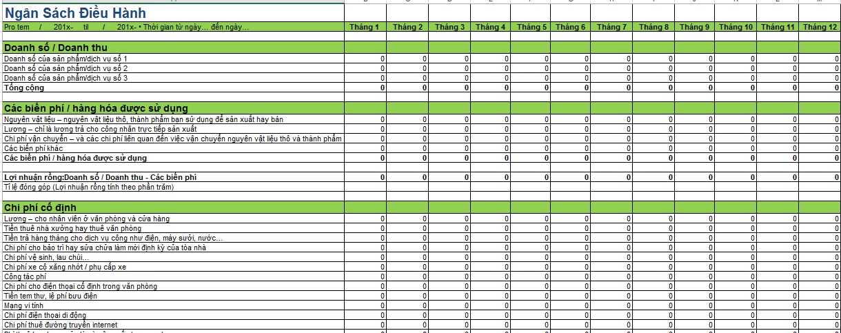 Hình ảnh File Excel ngân sách điều hành 12 tháng 